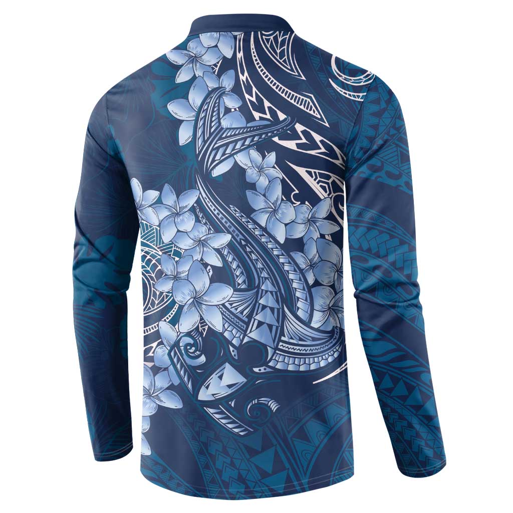 Navy Blue Polynesia Hammerhead Shark Tattoo With Plumeria Lei Button Sweatshirt LT14 - Polynesian Pride