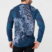 Navy Blue Polynesia Hammerhead Shark Tattoo With Plumeria Lei Button Sweatshirt LT14 - Polynesian Pride
