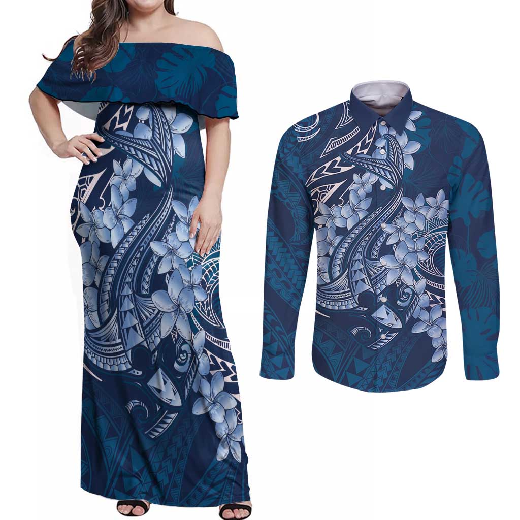 Navy Blue Polynesia Hammerhead Shark Tattoo With Plumeria Lei Couples Matching Off Shoulder Maxi Dress and Long Sleeve Button Shirt LT14 Navy Blue - Polynesian Pride