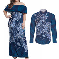 Navy Blue Polynesia Hammerhead Shark Tattoo With Plumeria Lei Couples Matching Off Shoulder Maxi Dress and Long Sleeve Button Shirt LT14 Navy Blue - Polynesian Pride