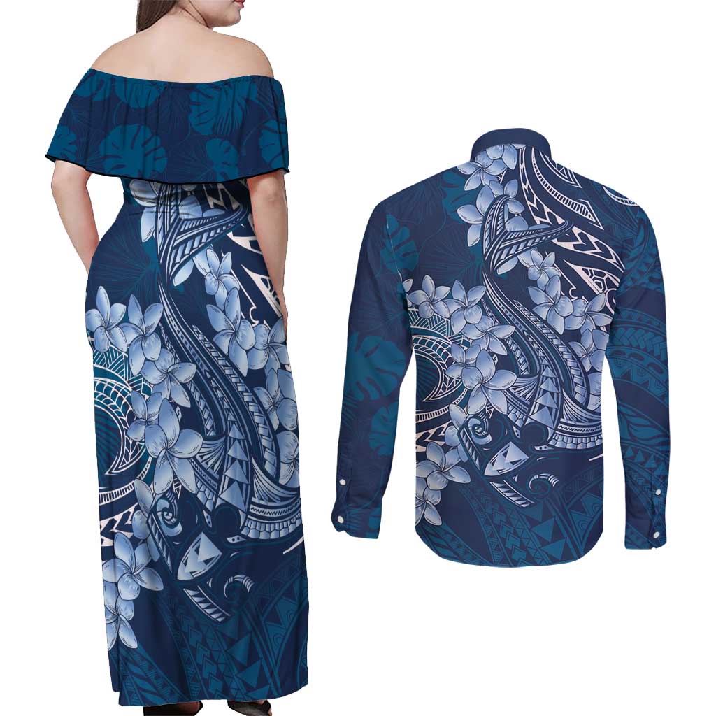 Navy Blue Polynesia Hammerhead Shark Tattoo With Plumeria Lei Couples Matching Off Shoulder Maxi Dress and Long Sleeve Button Shirt LT14 - Polynesian Pride