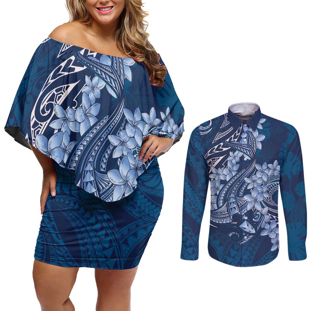 Navy Blue Polynesia Hammerhead Shark Tattoo With Plumeria Lei Couples Matching Off Shoulder Short Dress and Long Sleeve Button Shirt LT14 Navy Blue - Polynesian Pride
