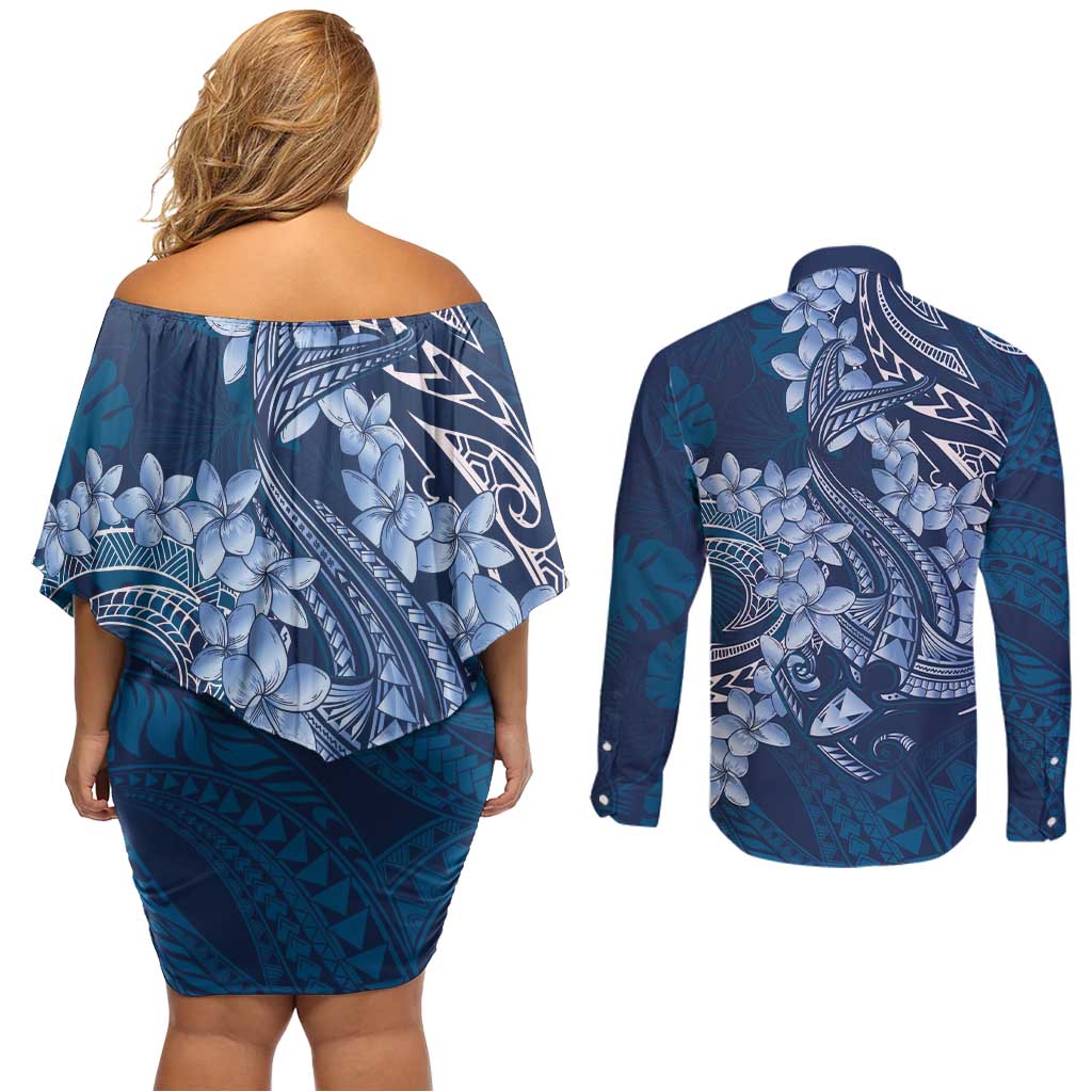Navy Blue Polynesia Hammerhead Shark Tattoo With Plumeria Lei Couples Matching Off Shoulder Short Dress and Long Sleeve Button Shirt LT14 - Polynesian Pride