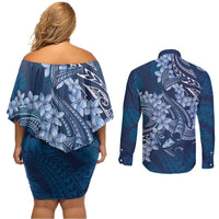 Navy Blue Polynesia Hammerhead Shark Tattoo With Plumeria Lei Couples Matching Off Shoulder Short Dress and Long Sleeve Button Shirt LT14 - Polynesian Pride