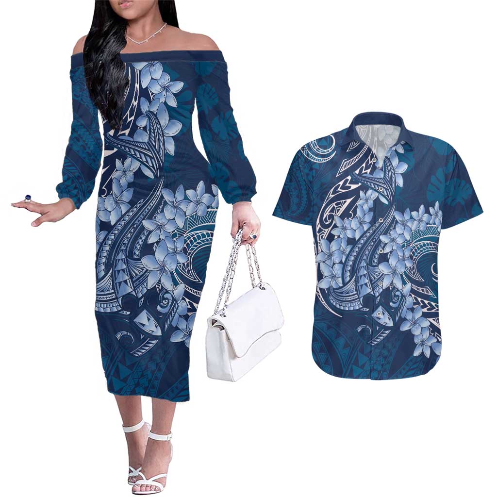 Navy Blue Polynesia Hammerhead Shark Tattoo With Plumeria Lei Couples Matching Off The Shoulder Long Sleeve Dress and Hawaiian Shirt