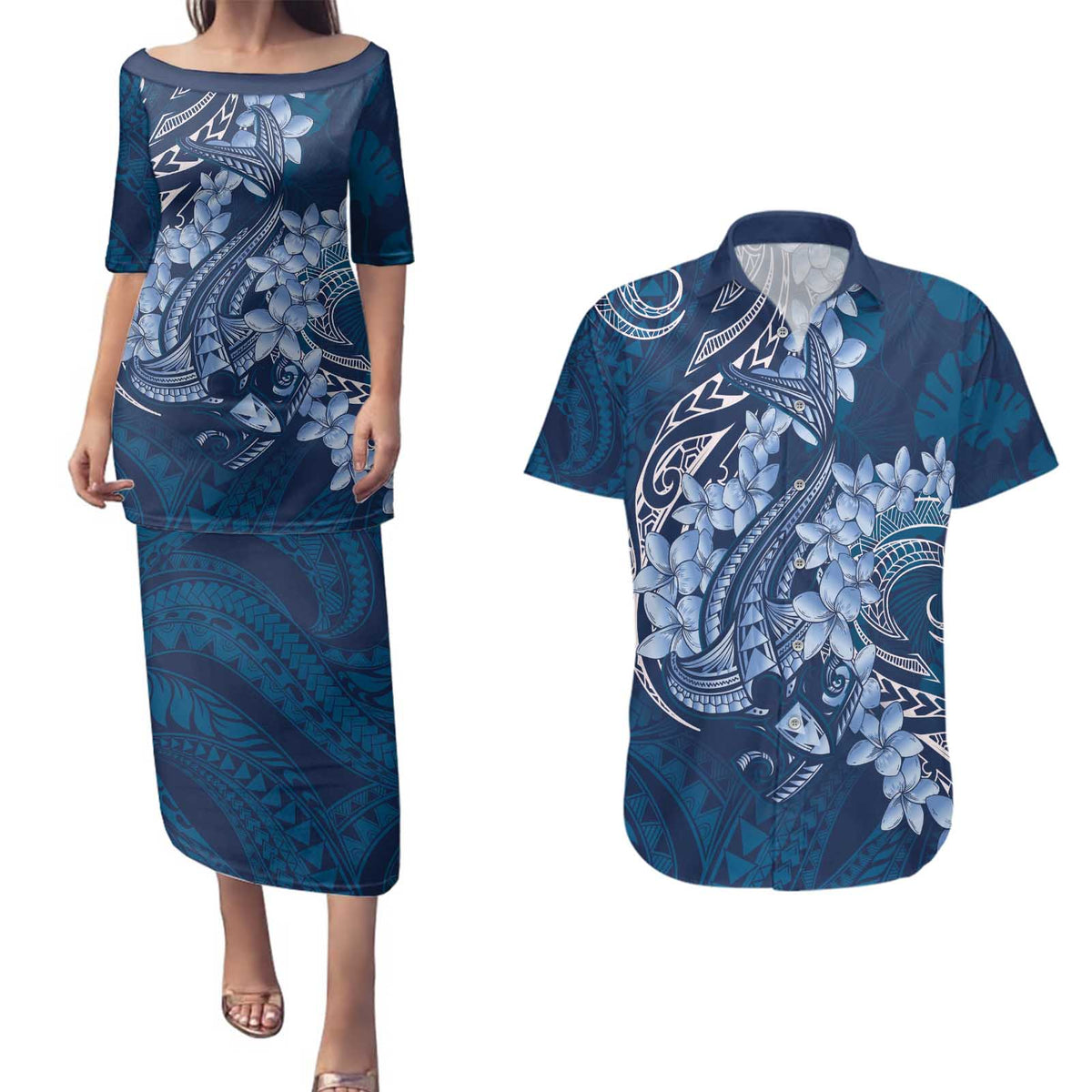 Navy Blue Polynesia Hammerhead Shark Tattoo With Plumeria Lei Couples Matching Puletasi and Hawaiian Shirt LT14 Navy Blue - Polynesian Pride