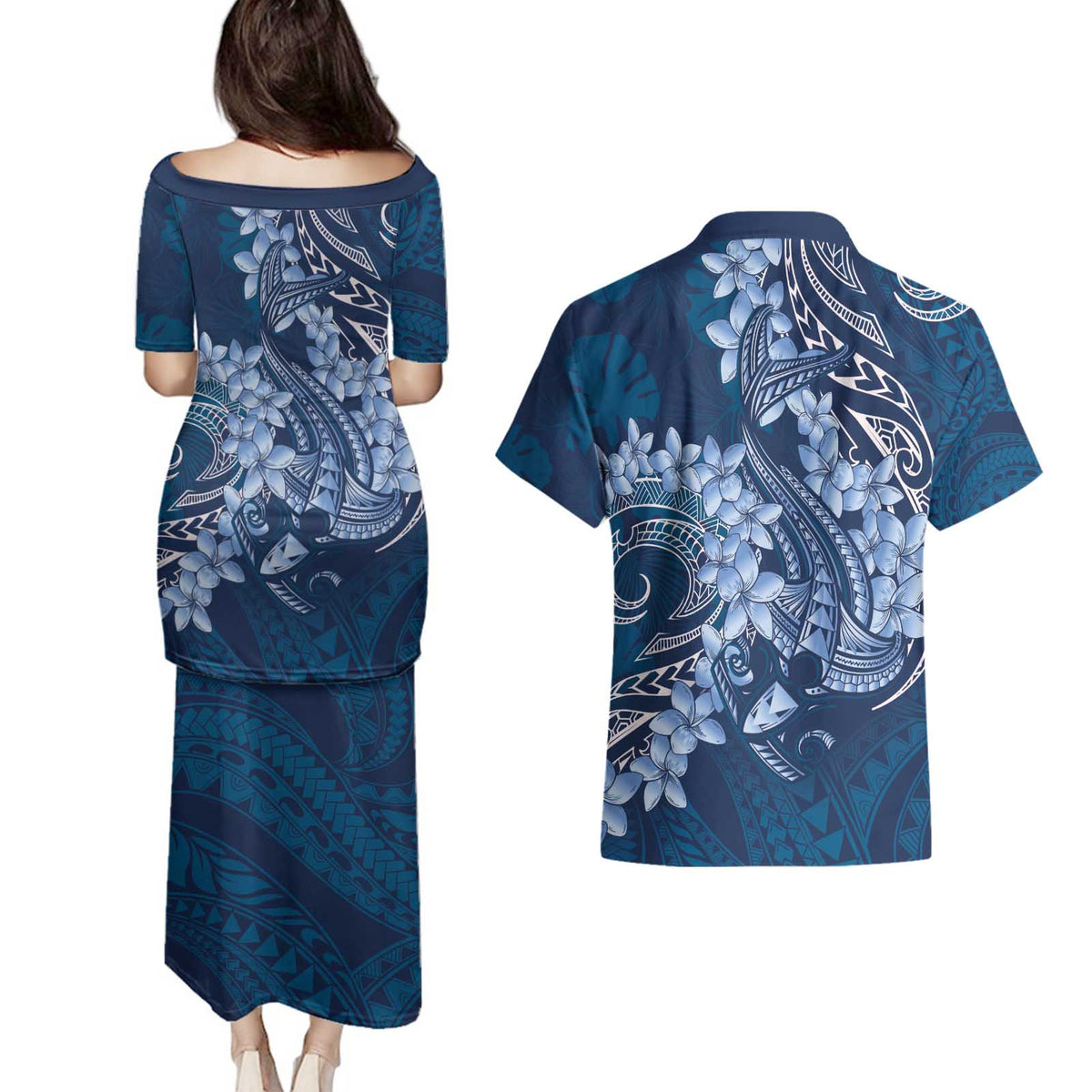 Navy Blue Polynesia Hammerhead Shark Tattoo With Plumeria Lei Couples Matching Puletasi and Hawaiian Shirt LT14 - Polynesian Pride