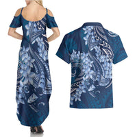 Navy Blue Polynesia Hammerhead Shark Tattoo With Plumeria Lei Couples Matching Summer Maxi Dress and Hawaiian Shirt LT14 - Polynesian Pride