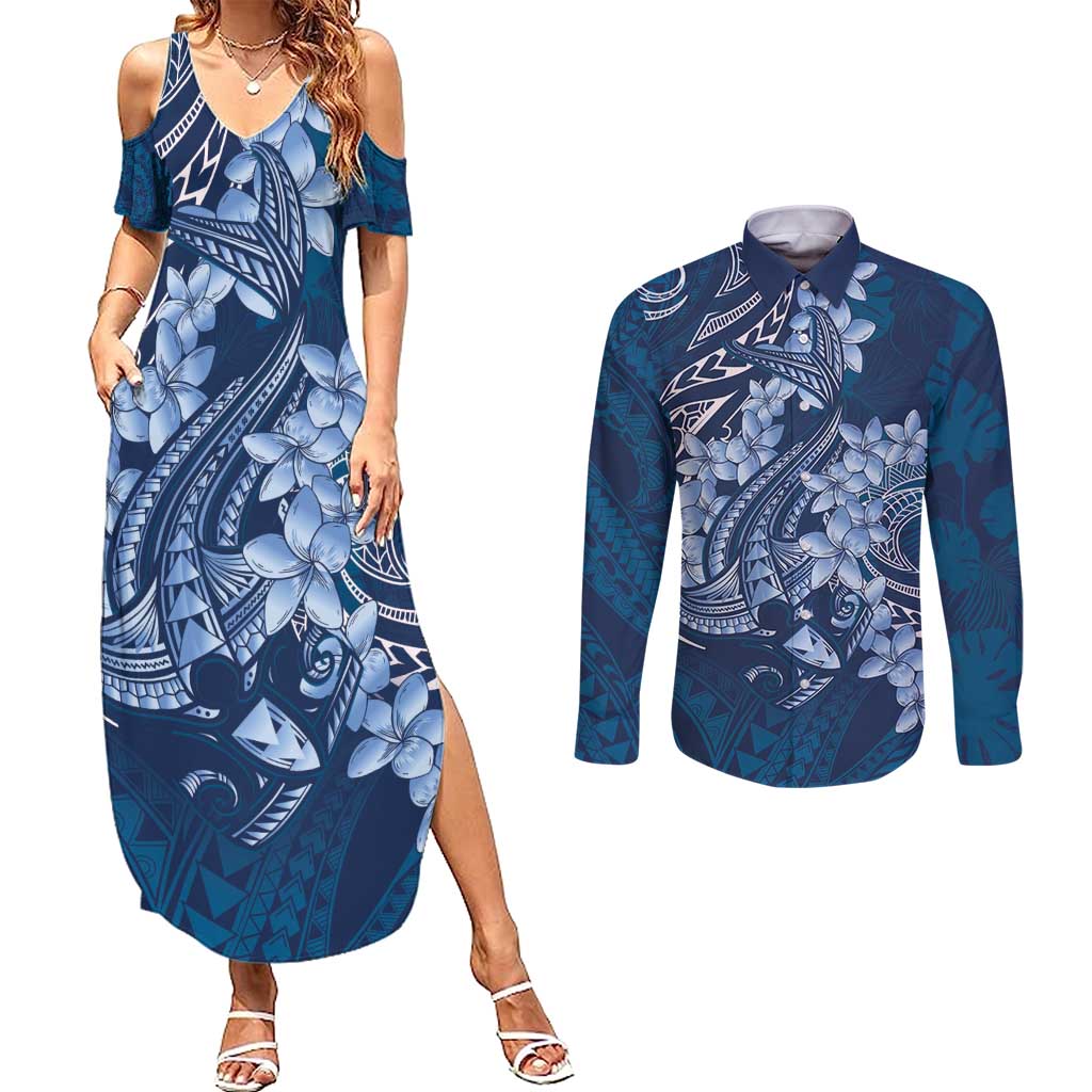Navy Blue Polynesia Hammerhead Shark Tattoo With Plumeria Lei Couples Matching Summer Maxi Dress and Long Sleeve Button Shirt LT14 Navy Blue - Polynesian Pride
