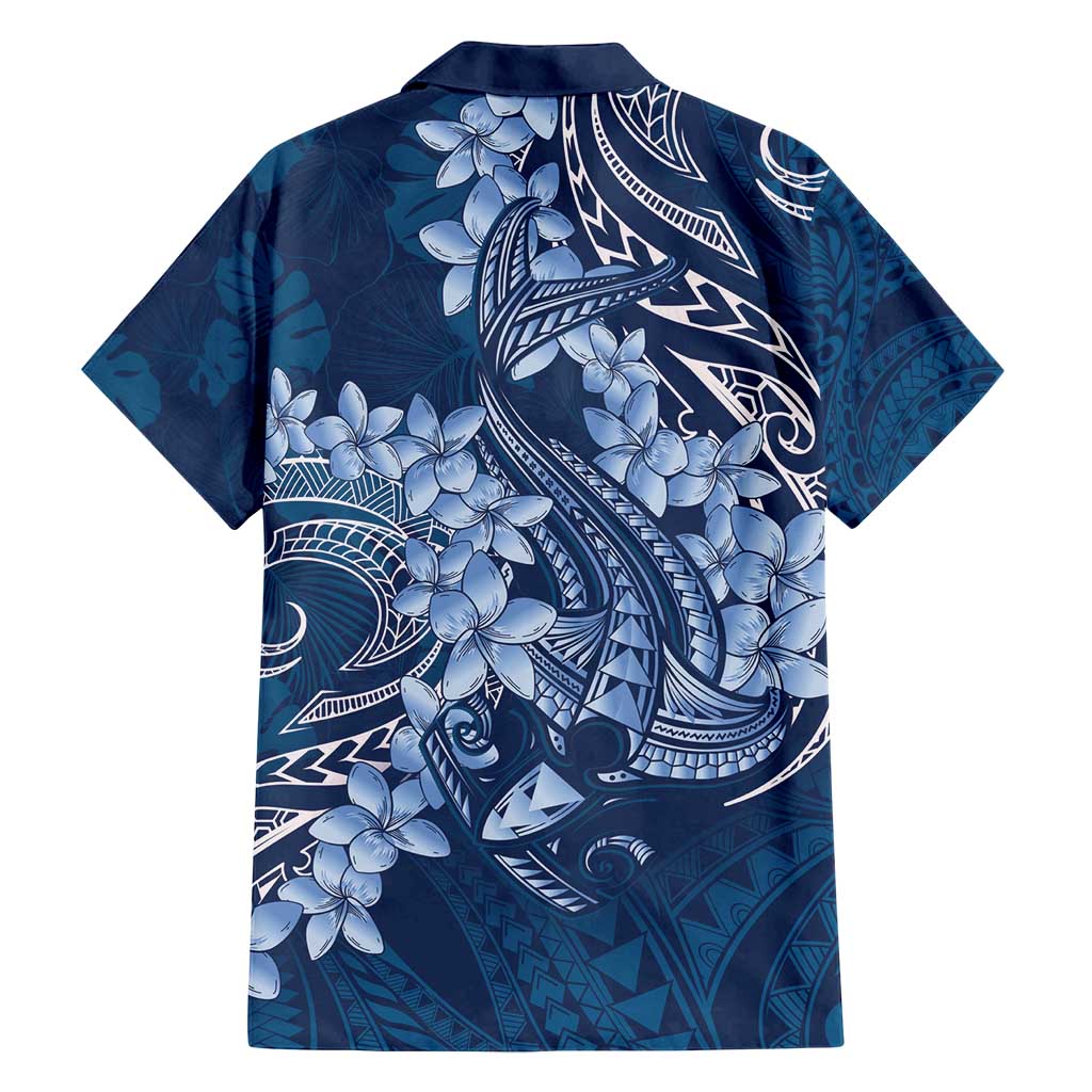 Navy Blue Polynesia Hammerhead Shark Tattoo With Plumeria Lei Family Matching Long Sleeve Bodycon Dress and Hawaiian Shirt