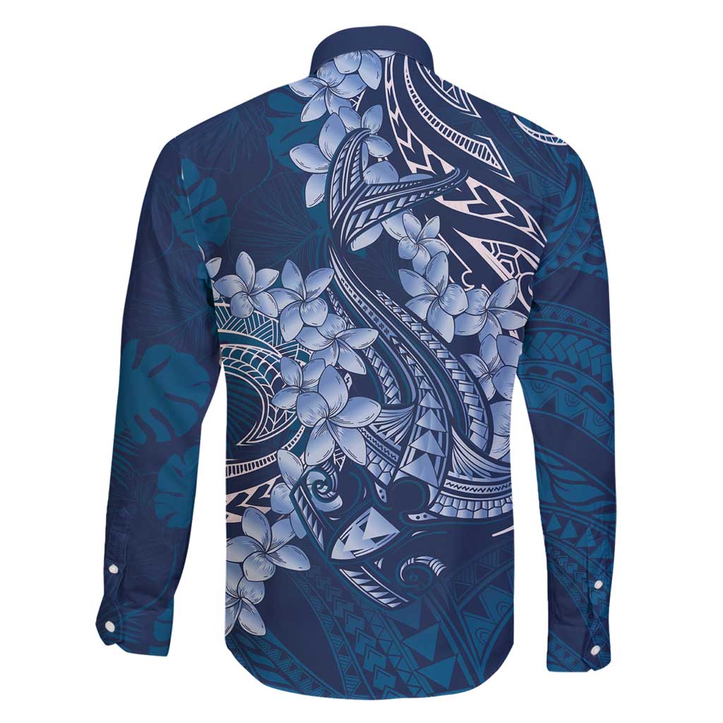 Navy Blue Polynesia Hammerhead Shark Tattoo With Plumeria Lei Family Matching Long Sleeve Bodycon Dress and Hawaiian Shirt