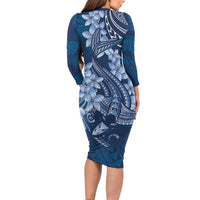 Navy Blue Polynesia Hammerhead Shark Tattoo With Plumeria Lei Family Matching Long Sleeve Bodycon Dress and Hawaiian Shirt