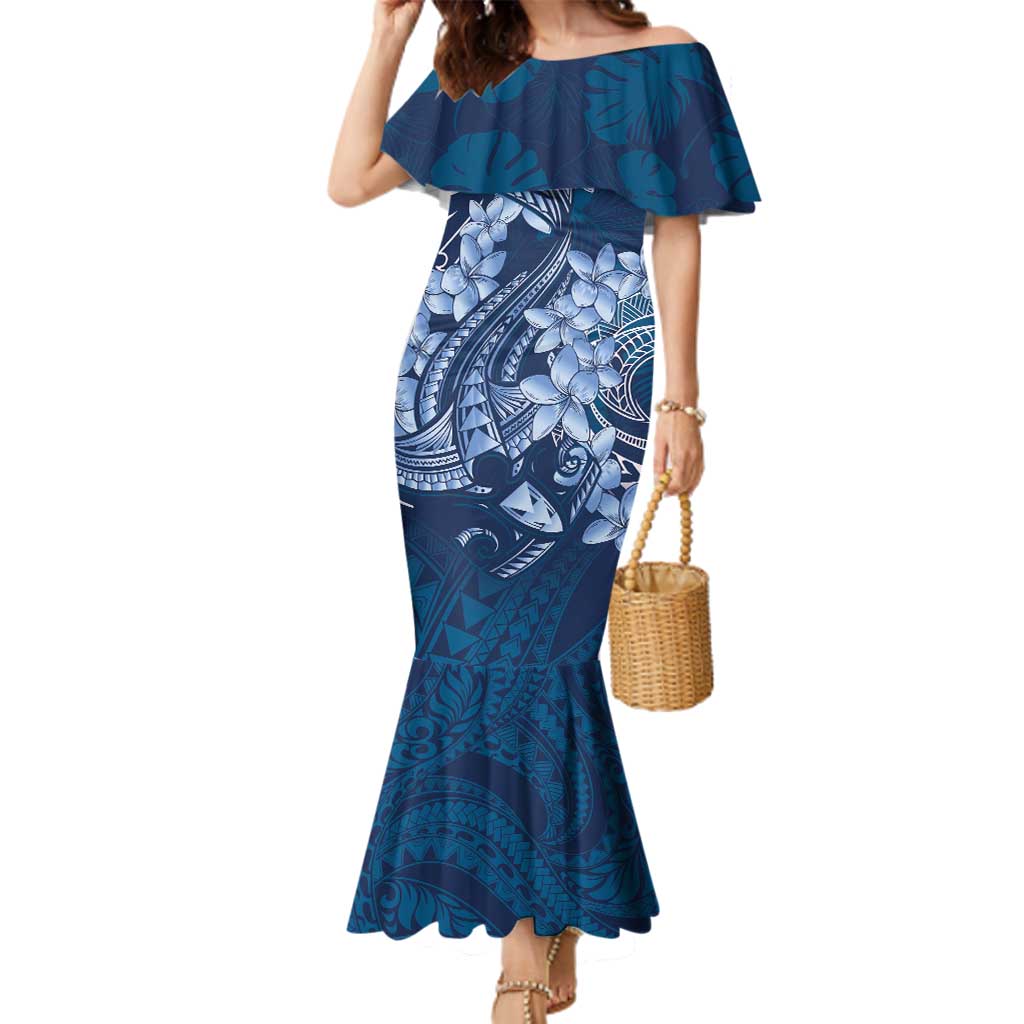 Navy Blue Polynesia Hammerhead Shark Tattoo With Plumeria Lei Family Matching Mermaid Dress and Hawaiian Shirt