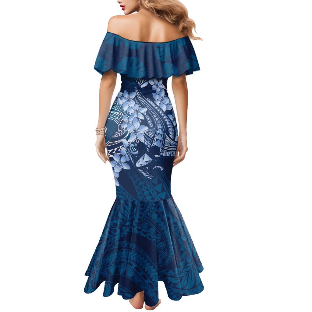 Navy Blue Polynesia Hammerhead Shark Tattoo With Plumeria Lei Family Matching Mermaid Dress and Hawaiian Shirt