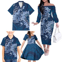 Navy Blue Polynesia Hammerhead Shark Tattoo With Plumeria Lei Family Matching Off The Shoulder Long Sleeve Dress and Hawaiian Shirt