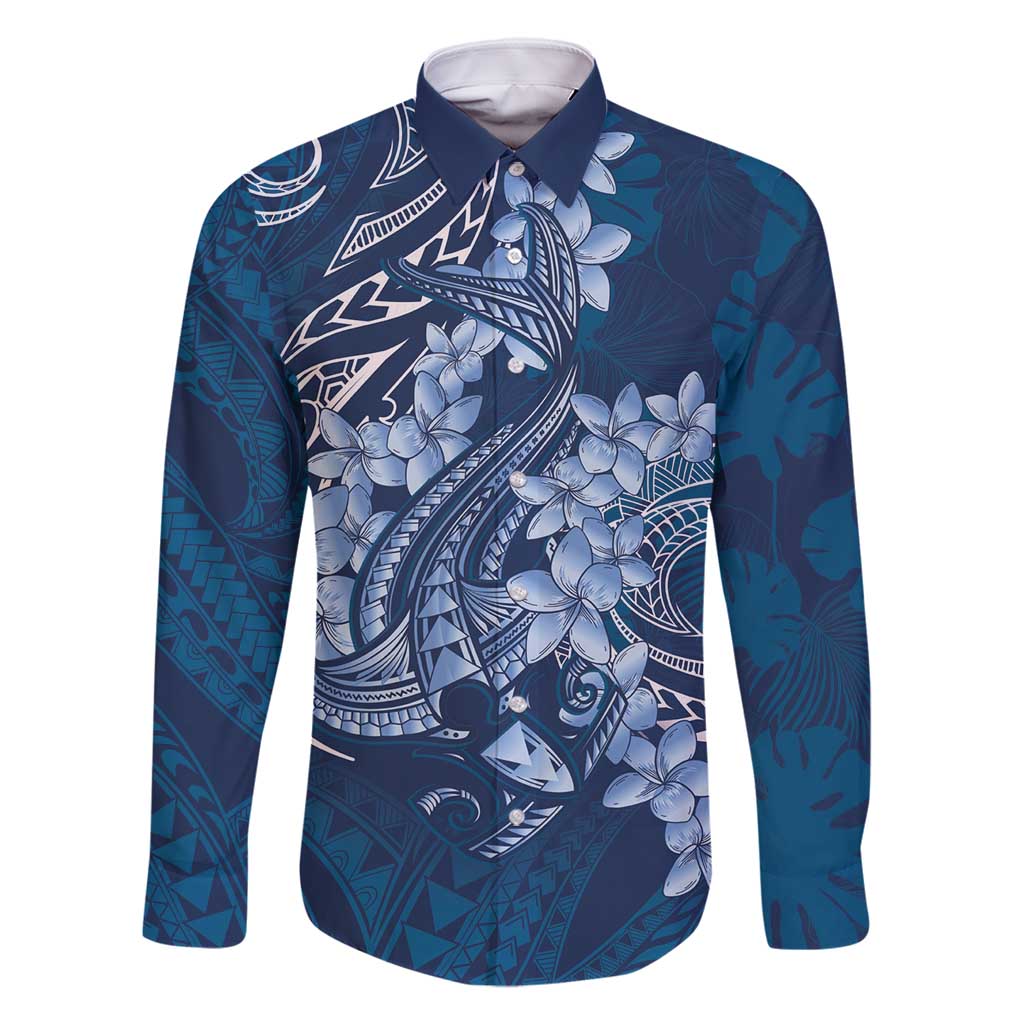 Navy Blue Polynesia Hammerhead Shark Tattoo With Plumeria Lei Family Matching Off Shoulder Maxi Dress and Hawaiian Shirt