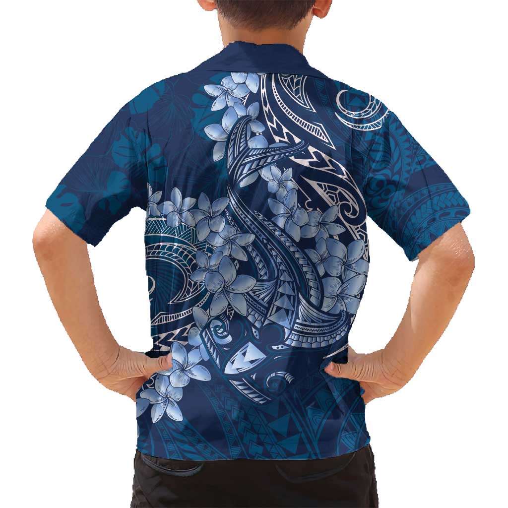 Navy Blue Polynesia Hammerhead Shark Tattoo With Plumeria Lei Family Matching Off Shoulder Short Dress and Hawaiian Shirt