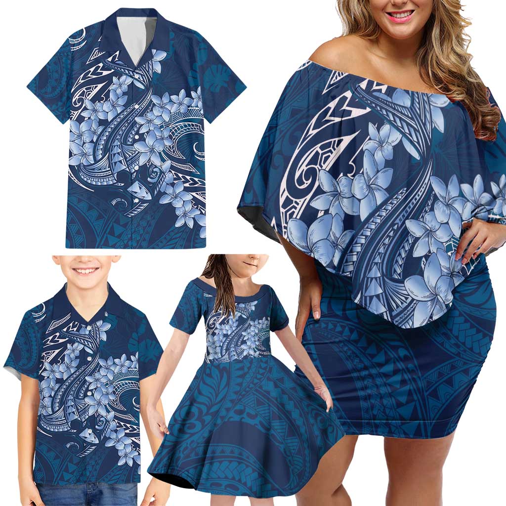 Navy Blue Polynesia Hammerhead Shark Tattoo With Plumeria Lei Family Matching Off Shoulder Short Dress and Hawaiian Shirt