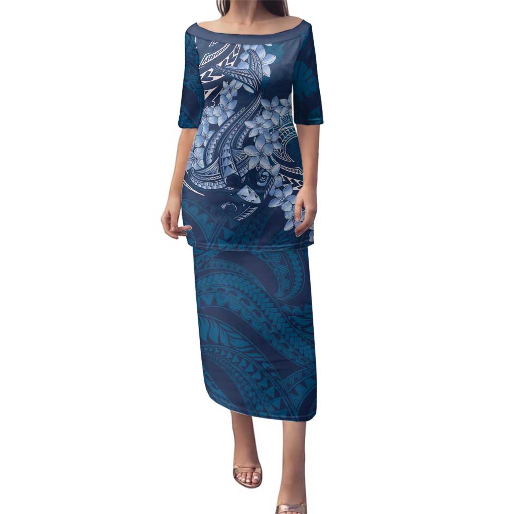 Navy Blue Polynesia Hammerhead Shark Tattoo With Plumeria Lei Family Matching Puletasi and Hawaiian Shirt