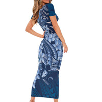 Navy Blue Polynesia Hammerhead Shark Tattoo With Plumeria Lei Family Matching Short Sleeve Bodycon Dress and Hawaiian Shirt
