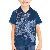 Navy Blue Polynesia Hammerhead Shark Tattoo With Plumeria Lei Family Matching Short Sleeve Bodycon Dress and Hawaiian Shirt