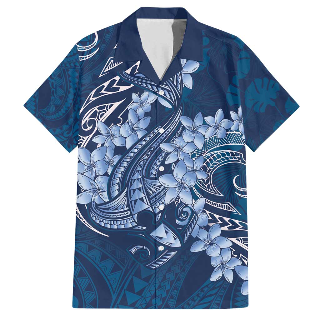 Navy Blue Polynesia Hammerhead Shark Tattoo With Plumeria Lei Family Matching Summer Maxi Dress and Hawaiian Shirt