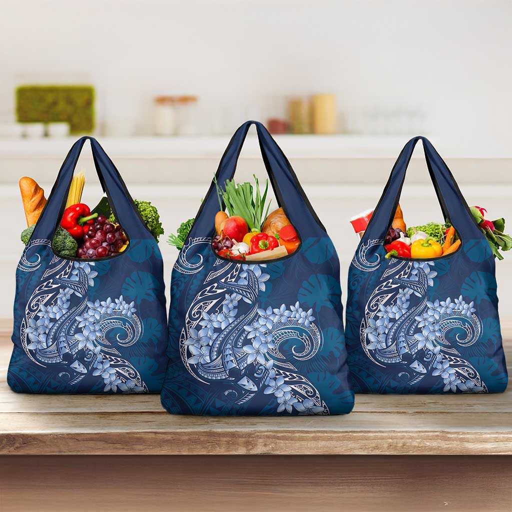 Navy Blue Polynesia Hammerhead Shark Tattoo With Plumeria Lei Grocery Bag LT14 3-pack One Size Navy Blue - Polynesian Pride