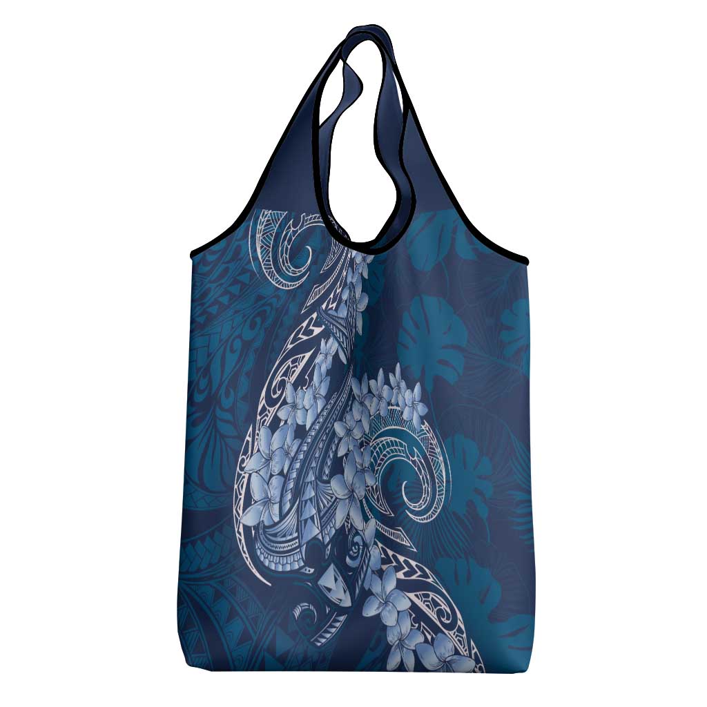 Navy Blue Polynesia Hammerhead Shark Tattoo With Plumeria Lei Grocery Bag LT14 - Polynesian Pride