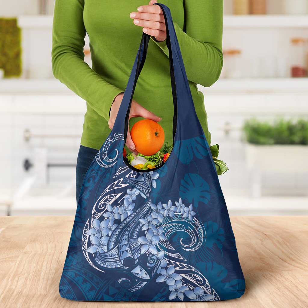 Navy Blue Polynesia Hammerhead Shark Tattoo With Plumeria Lei Grocery Bag LT14 - Polynesian Pride
