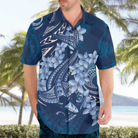 Navy Blue Polynesia Hammerhead Shark Tattoo With Plumeria Lei Hawaiian Shirt