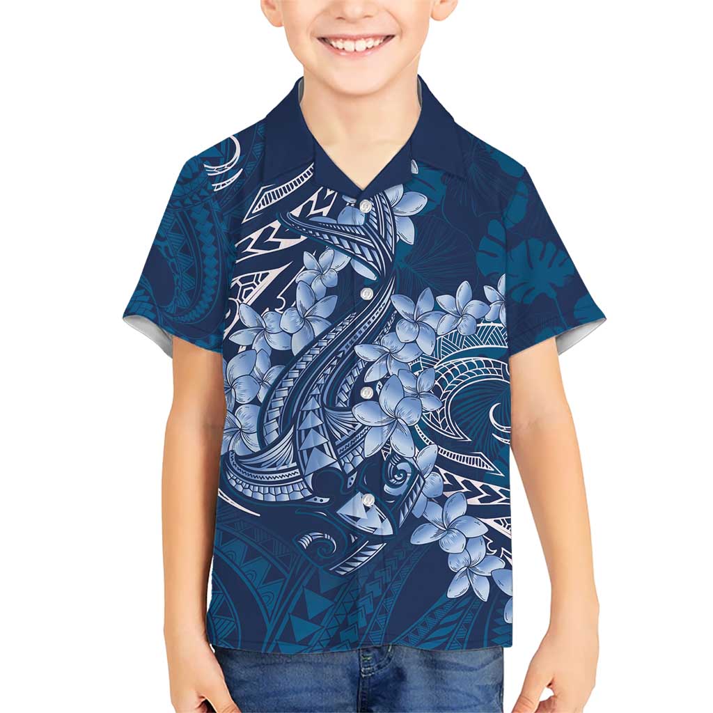 Navy Blue Polynesia Hammerhead Shark Tattoo With Plumeria Lei Hawaiian Shirt