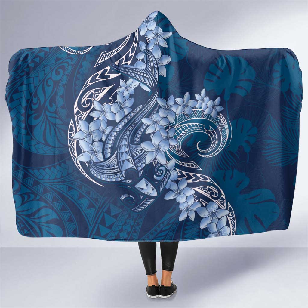 Navy Blue Polynesia Hammerhead Shark Tattoo With Plumeria Lei Hooded Blanket LT14 One Size Navy Blue - Polynesian Pride