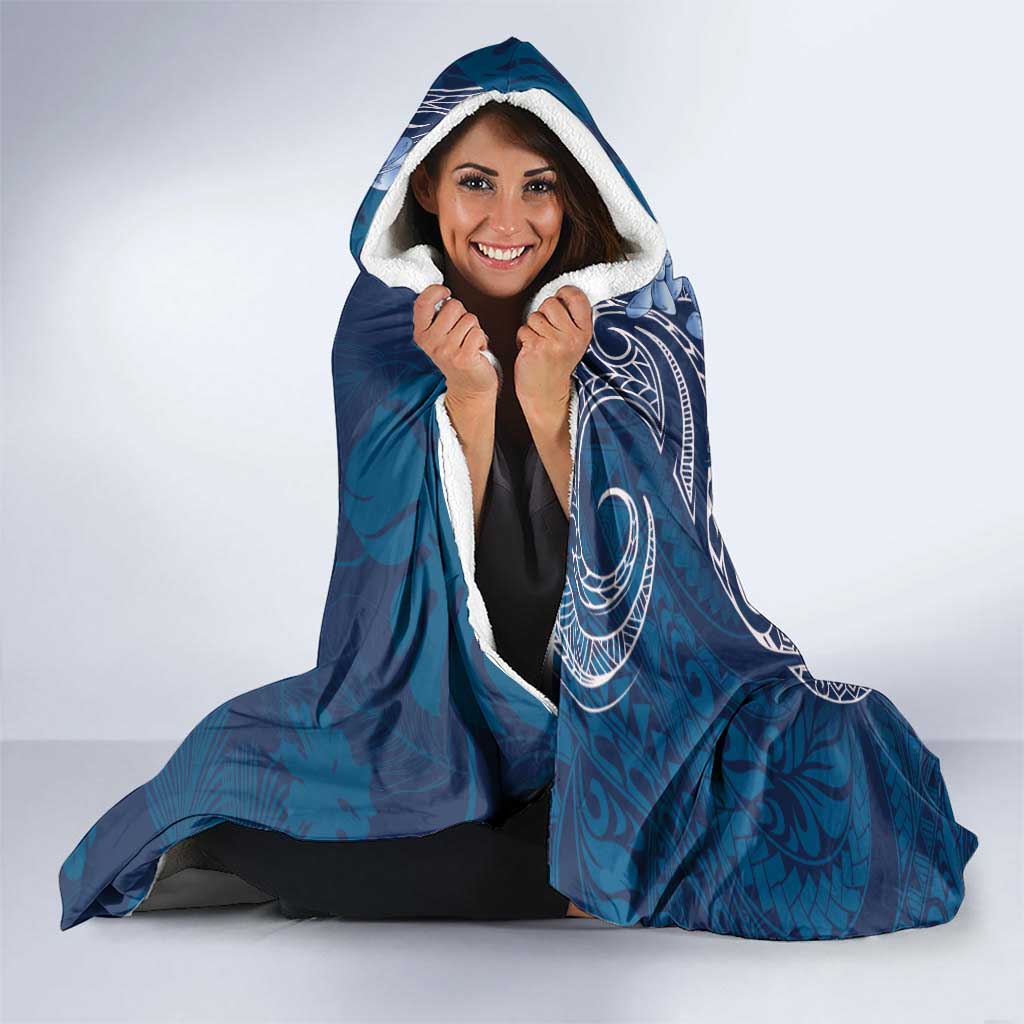 Navy Blue Polynesia Hammerhead Shark Tattoo With Plumeria Lei Hooded Blanket LT14 - Polynesian Pride