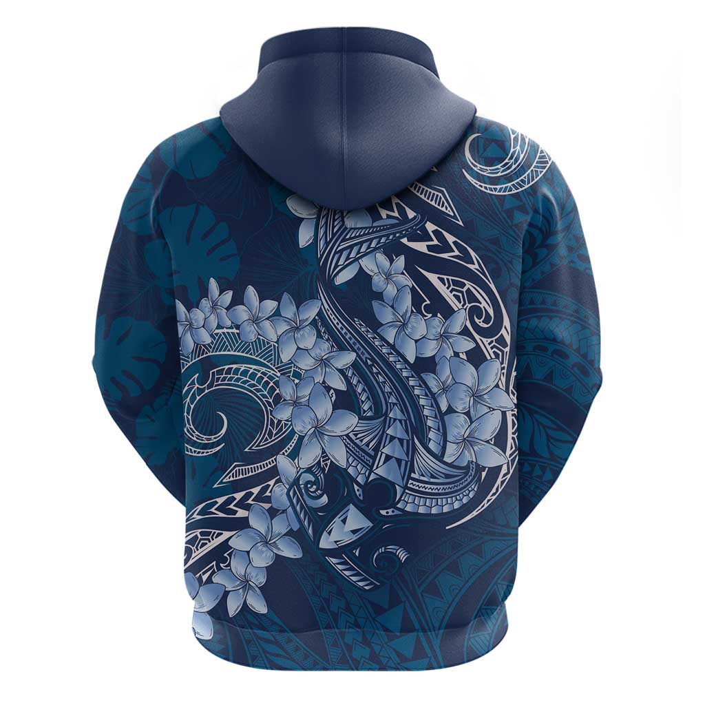 Navy Blue Polynesia Hammerhead Shark Tattoo With Plumeria Lei Hoodie