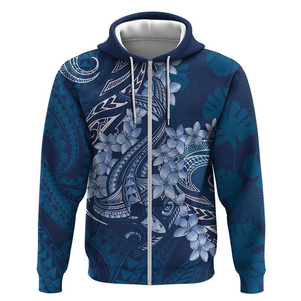 Navy Blue Polynesia Hammerhead Shark Tattoo With Plumeria Lei Hoodie
