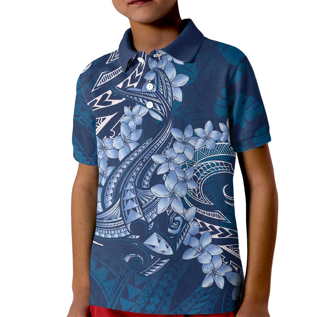 Navy Blue Polynesia Hammerhead Shark Tattoo With Plumeria Lei Kid Polo Shirt