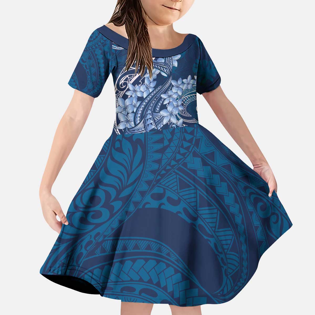 Navy Blue Polynesia Hammerhead Shark Tattoo With Plumeria Lei Kid Short Sleeve Dress LT14 KID Navy Blue - Polynesian Pride