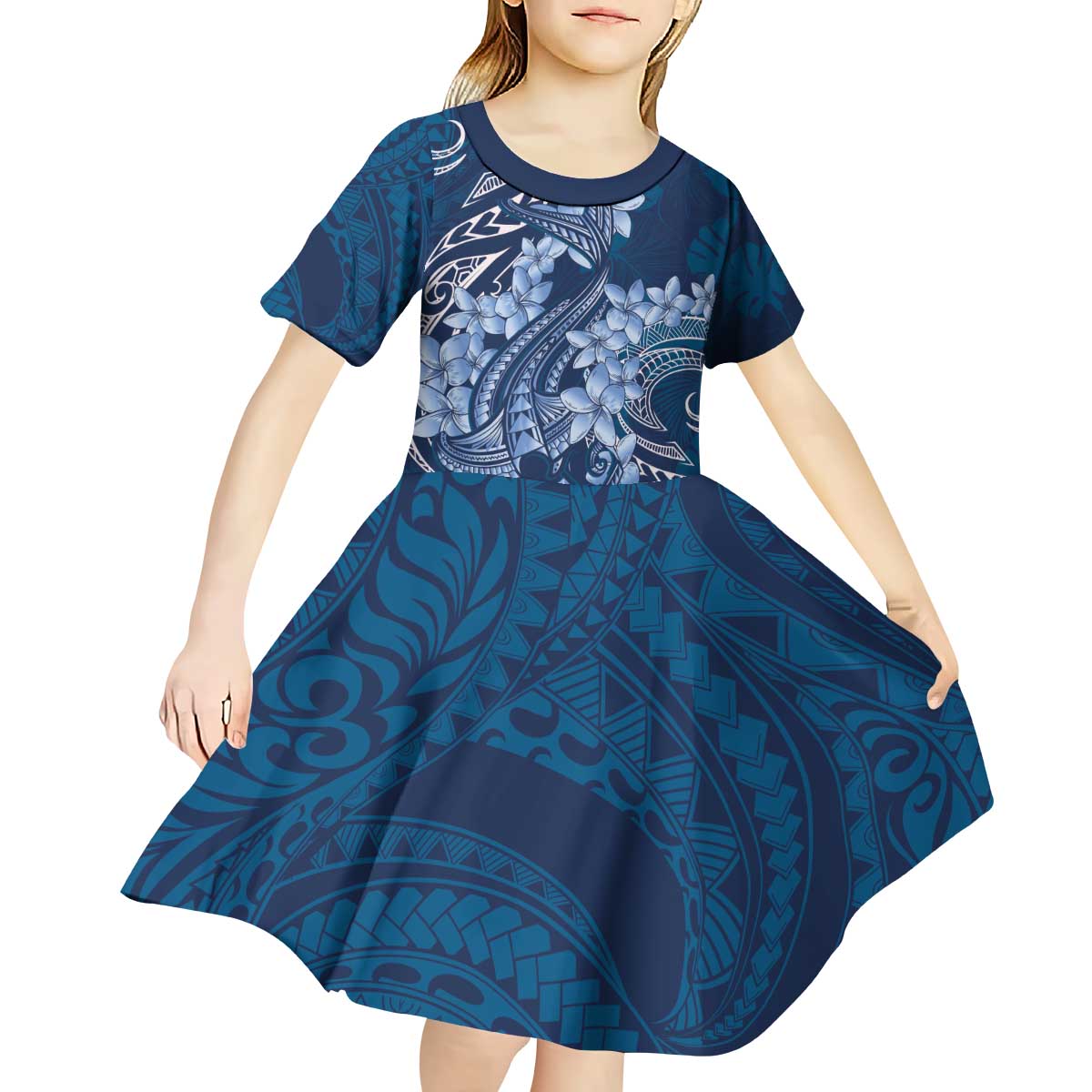 Navy Blue Polynesia Hammerhead Shark Tattoo With Plumeria Lei Kid Short Sleeve Dress LT14 - Polynesian Pride