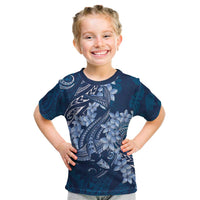 Navy Blue Polynesia Hammerhead Shark Tattoo With Plumeria Lei Kid T Shirt