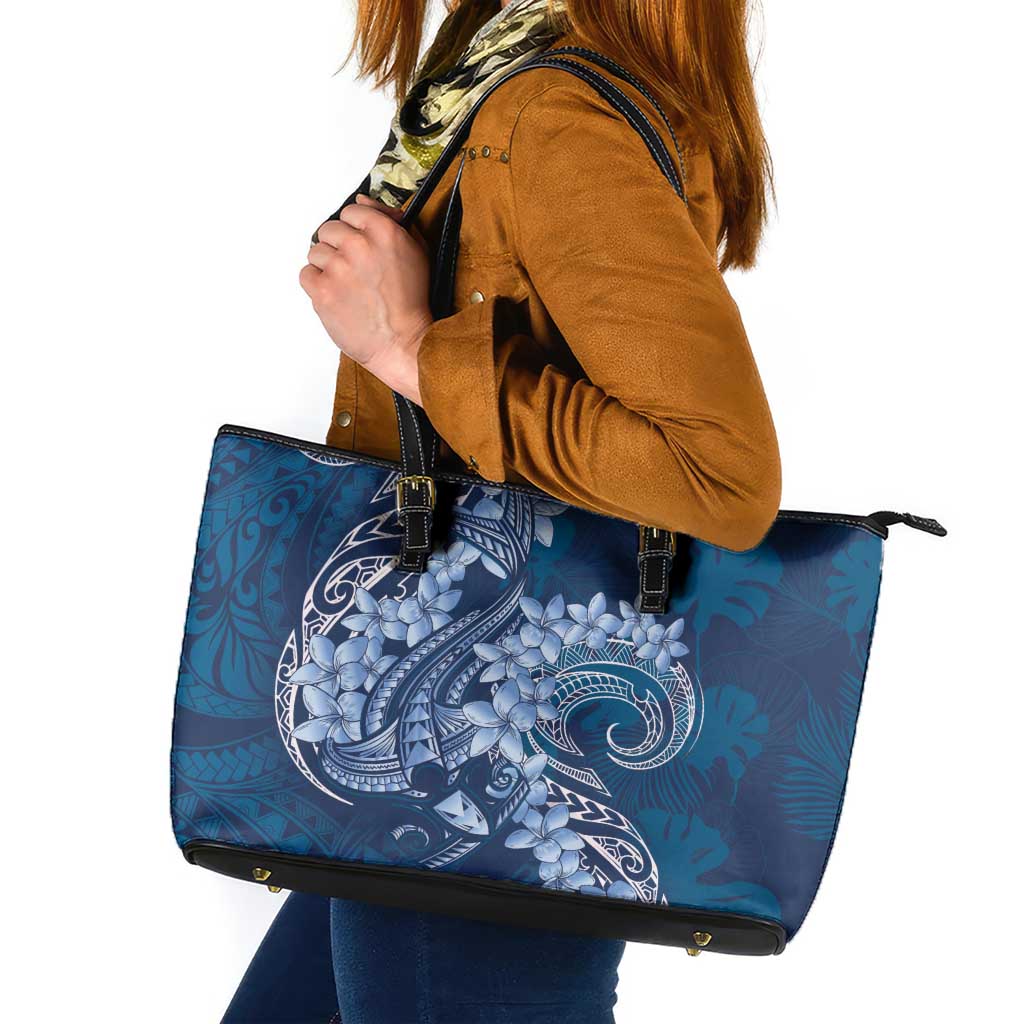 Navy Blue Polynesia Hammerhead Shark Tattoo With Plumeria Lei Leather Tote Bag