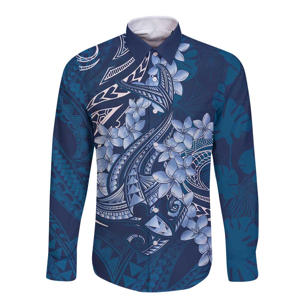 Navy Blue Polynesia Hammerhead Shark Tattoo With Plumeria Lei Long Sleeve Button Shirt LT14 Unisex Navy Blue - Polynesian Pride