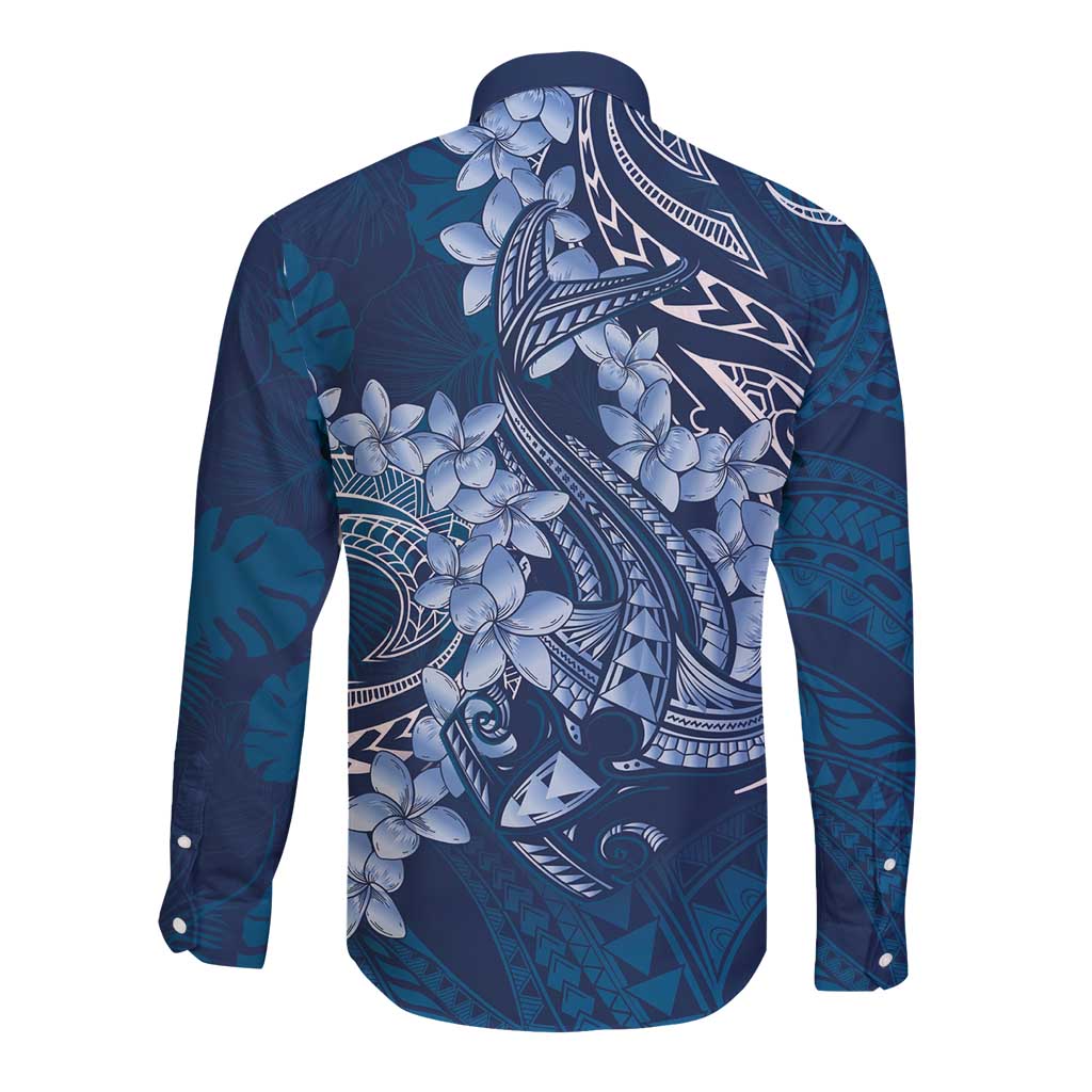 Navy Blue Polynesia Hammerhead Shark Tattoo With Plumeria Lei Long Sleeve Button Shirt LT14 - Polynesian Pride