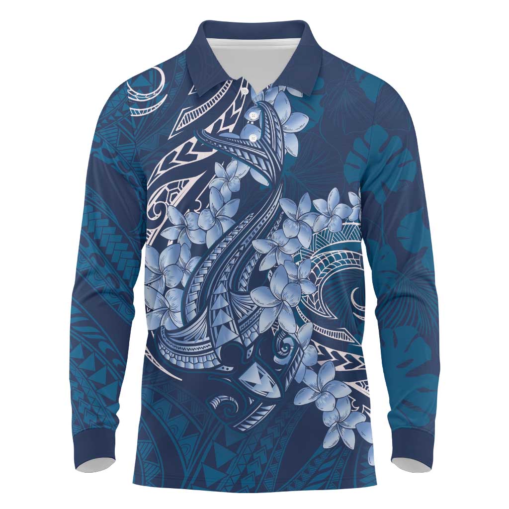 Navy Blue Polynesia Hammerhead Shark Tattoo With Plumeria Lei Long Sleeve Polo Shirt