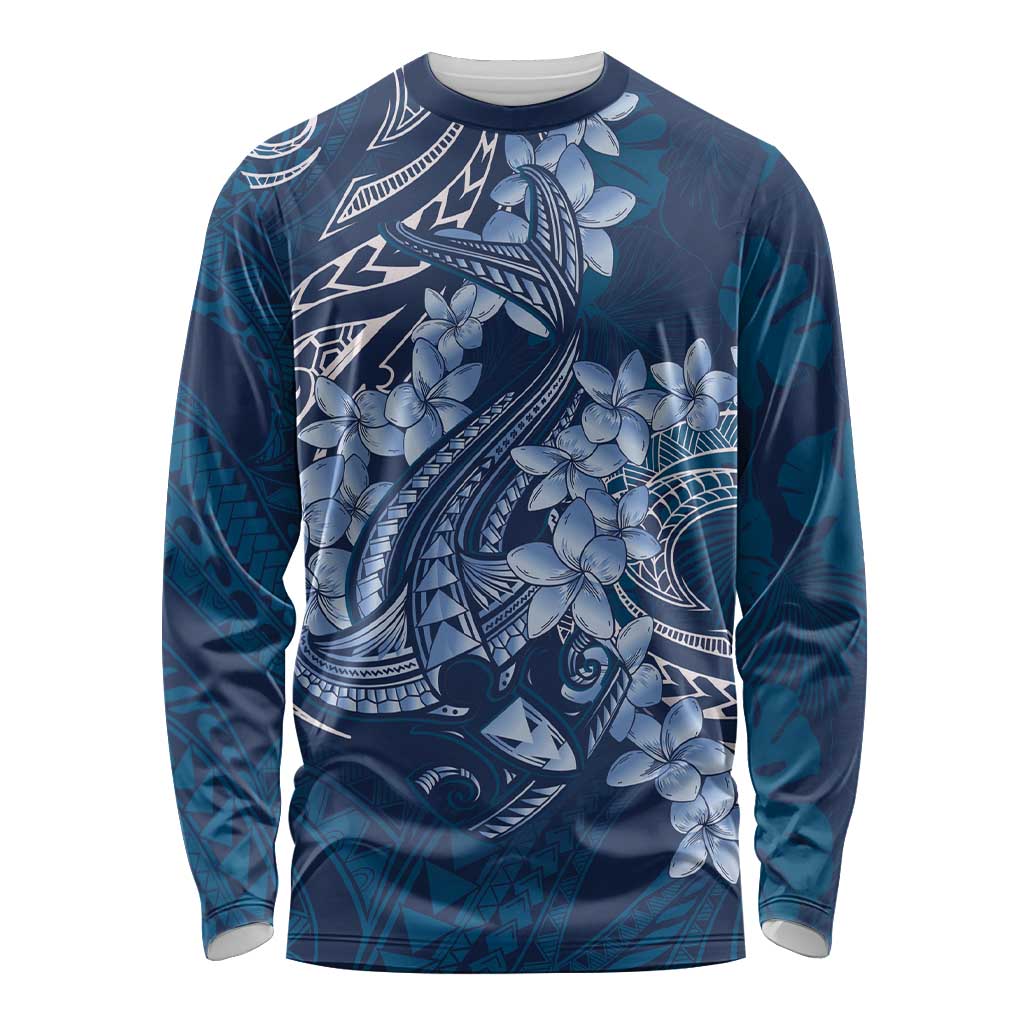 Navy Blue Polynesia Hammerhead Shark Tattoo With Plumeria Lei Long Sleeve Shirt LT14 Unisex Navy Blue - Polynesian Pride