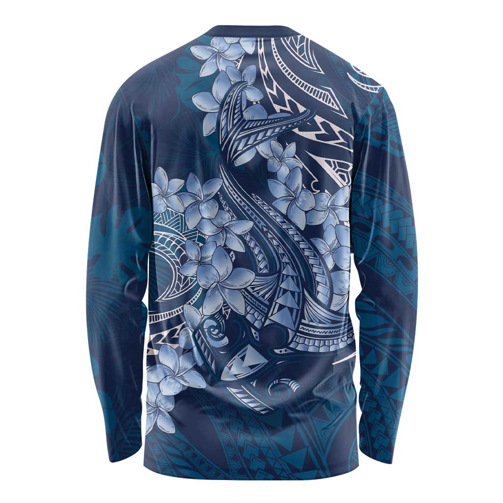 Navy Blue Polynesia Hammerhead Shark Tattoo With Plumeria Lei Long Sleeve Shirt LT14 - Polynesian Pride