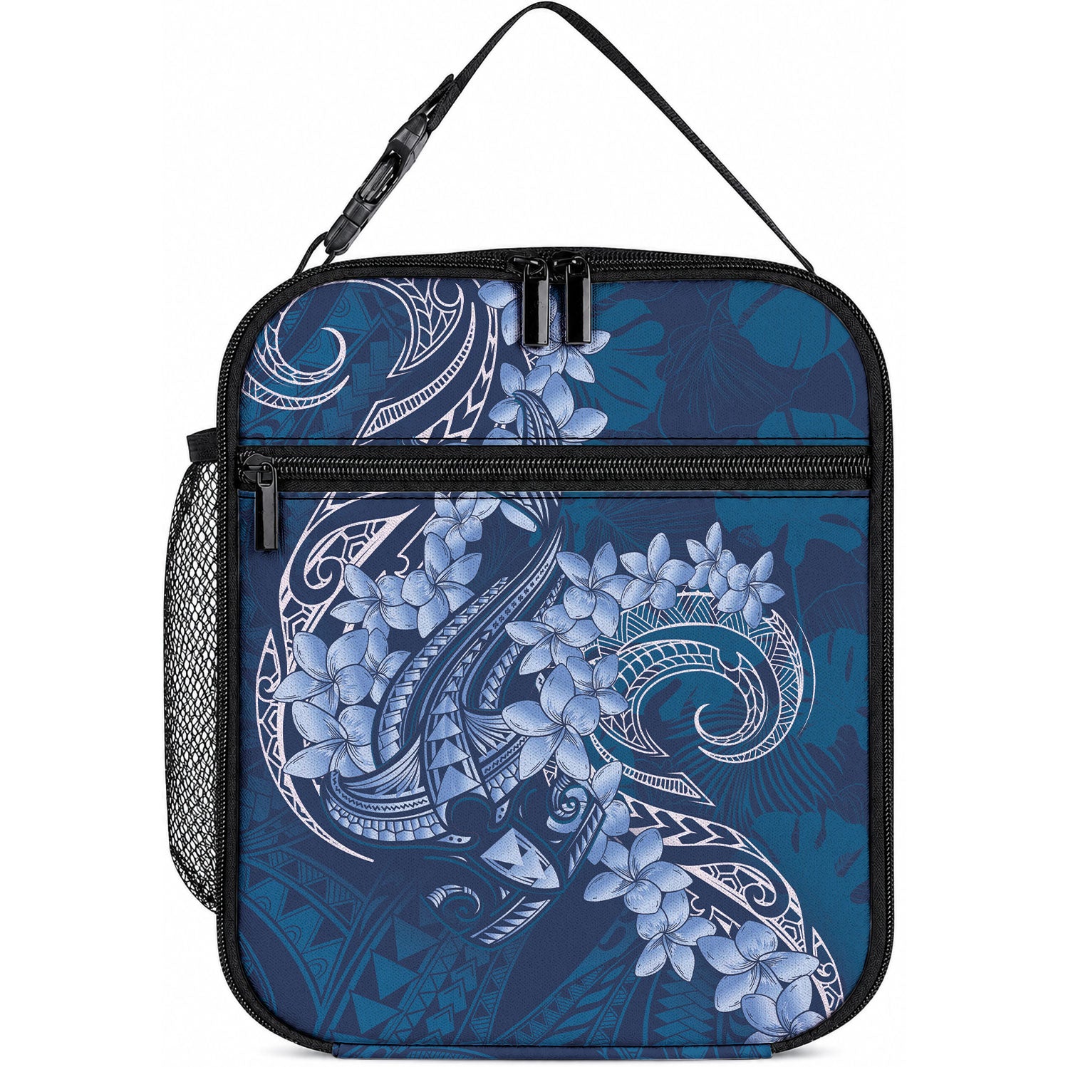 Navy Blue Polynesia Hammerhead Shark Tattoo With Plumeria Lei Lunch Bag LT14 10.2 × 8.3 × 4.3 inch Navy Blue - Polynesian Pride