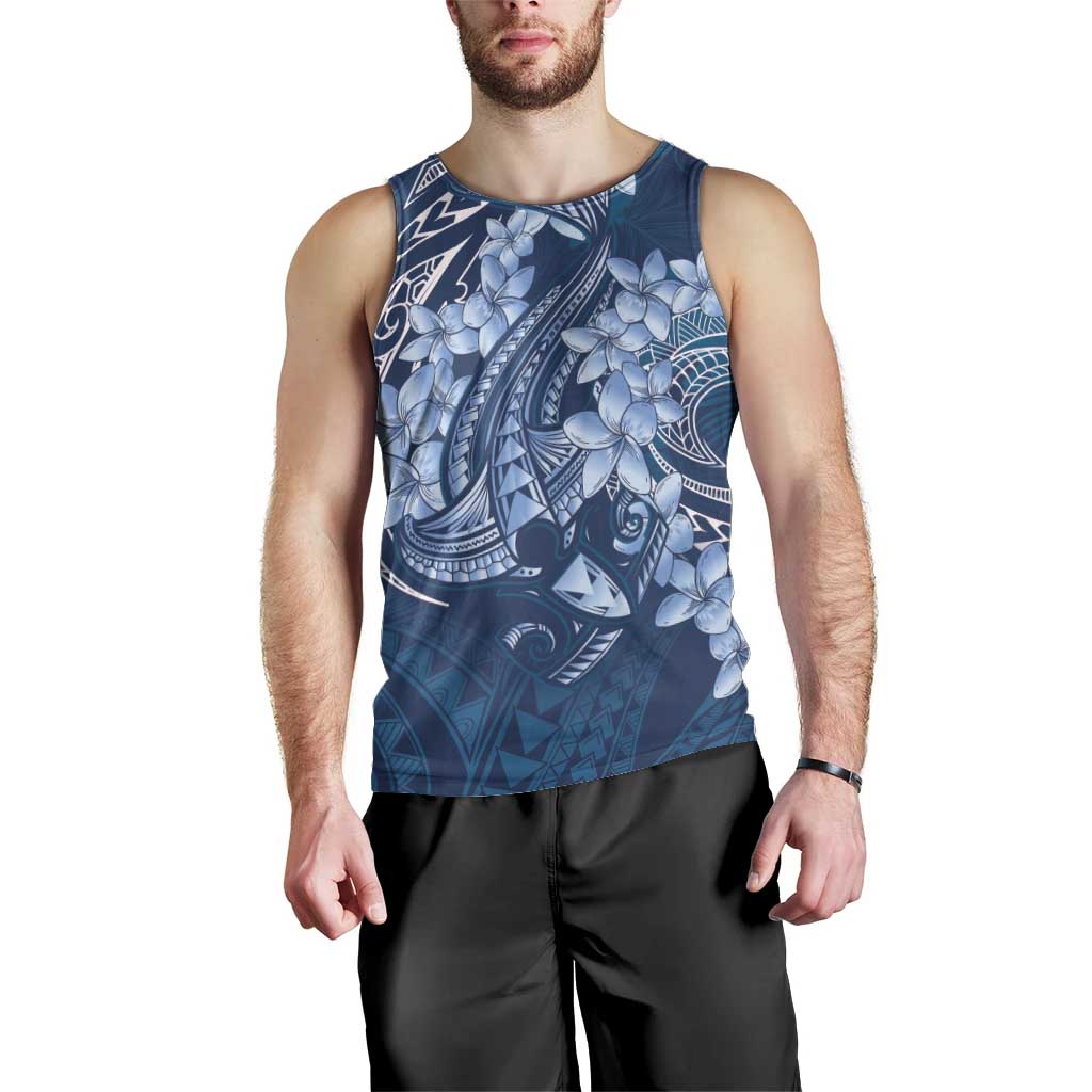 Navy Blue Polynesia Hammerhead Shark Tattoo With Plumeria Lei Men Tank Top LT14 - Polynesian Pride