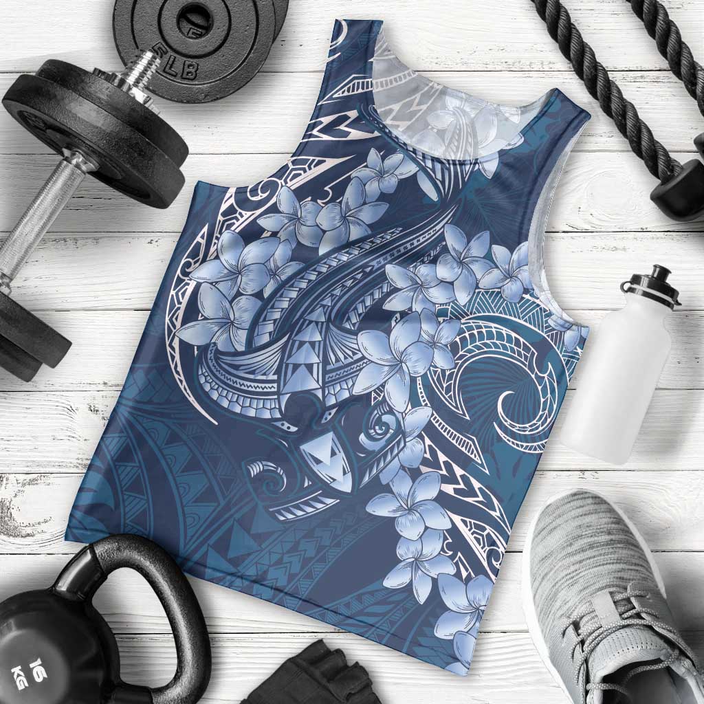Navy Blue Polynesia Hammerhead Shark Tattoo With Plumeria Lei Men Tank Top LT14 - Polynesian Pride