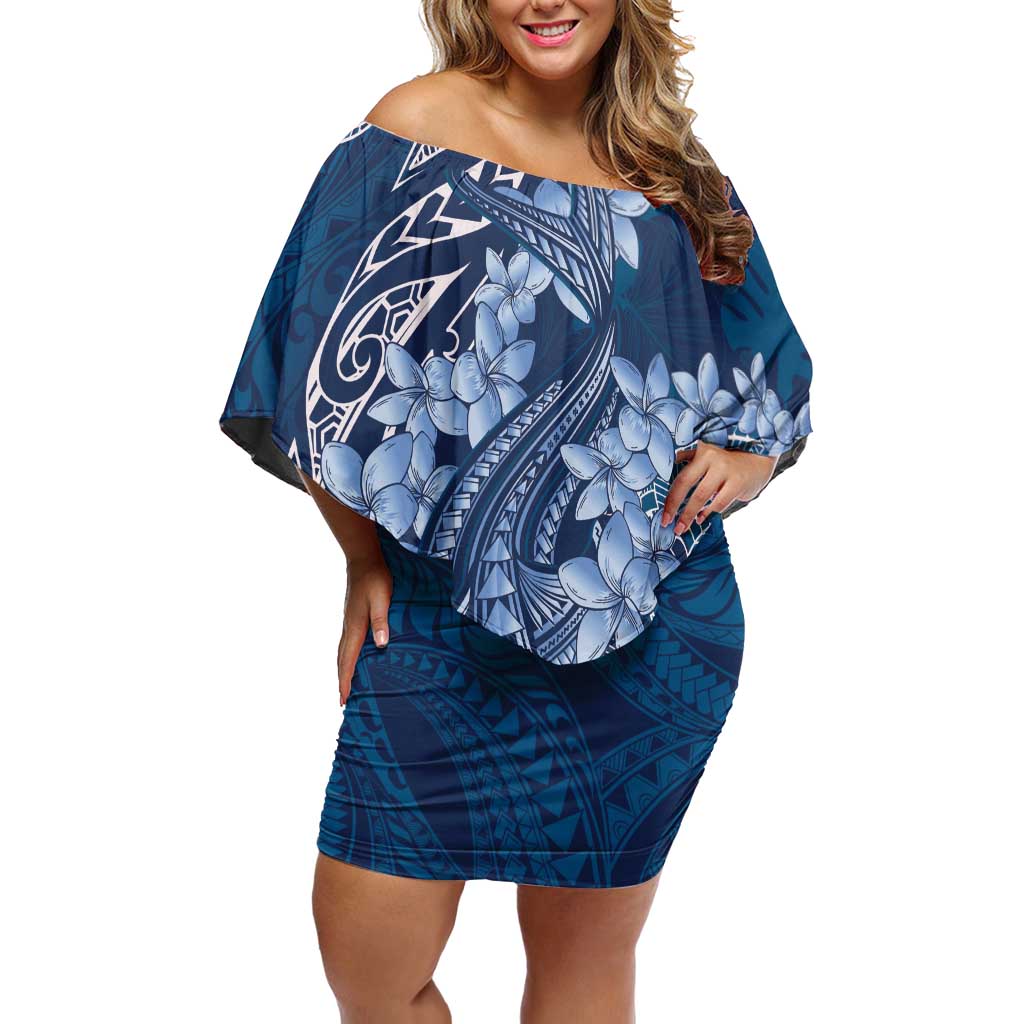 Navy Blue Polynesia Hammerhead Shark Tattoo With Plumeria Lei Off Shoulder Short Dress