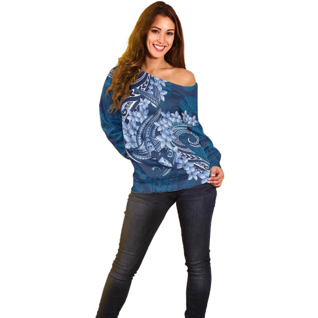Navy Blue Polynesia Hammerhead Shark Tattoo With Plumeria Lei Off Shoulder Sweater